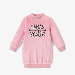 Girl Letter Embroidered Fleece Mock Neck Long-sleeve Pink Sweatshirt Dress